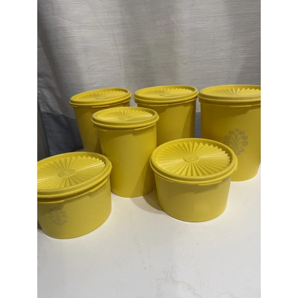 Vintage 1970s Yellow Tupperware Servalier Canisters Set of 6 with Lids Nesting